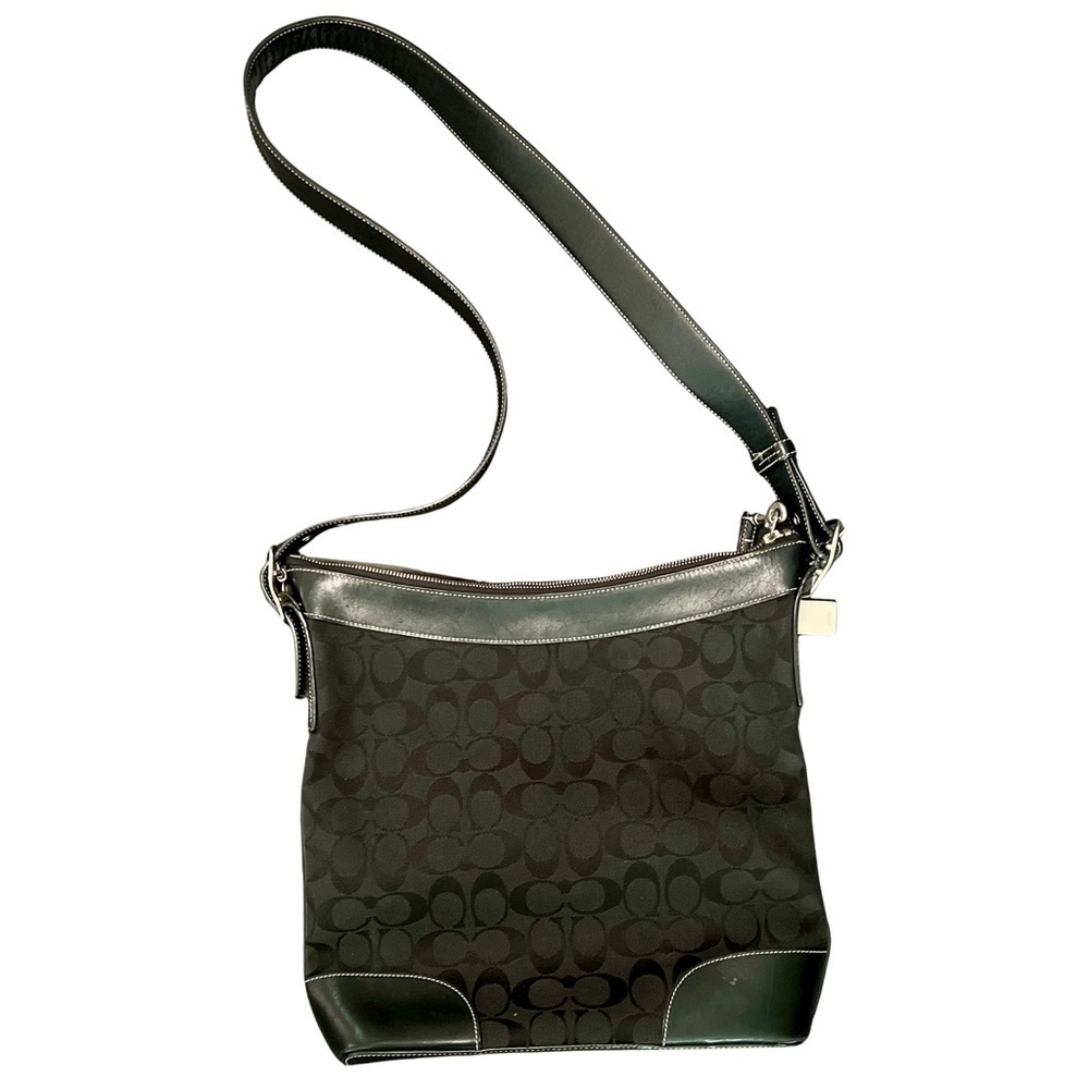 Coach Signature Jacquard Crossbody Shoulder Bag Black Leather Trim Style 6840